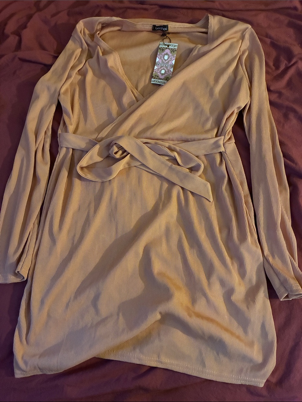 Boohoo Ribbed Wrap Long Sleeve Mini Dress in Beige Blush
